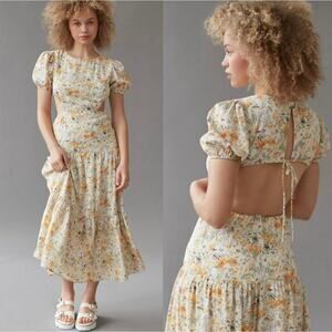 Kiss The Sky Tiered Maxi Dress Puff Sleeve Open Back Cutout Ditsy Floral Size M